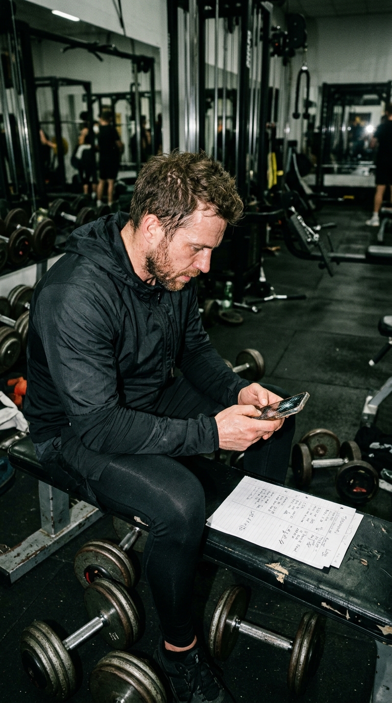 Coach checking workout plans on a phone in the middle of the gym